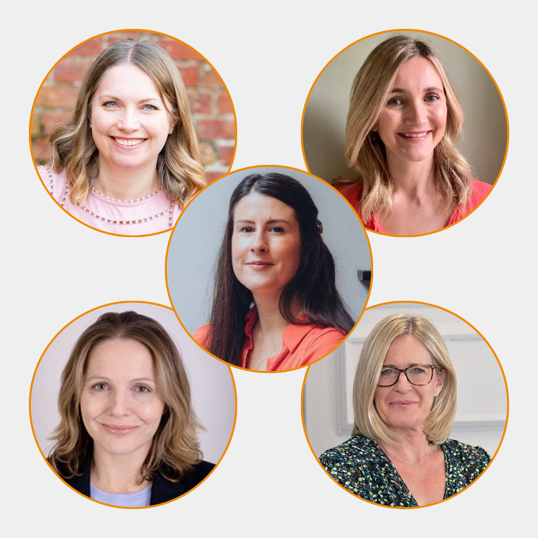 Five headshots of Manchester Menopause Hive clinicians arranged in circular frames with orange borders, on a white background.